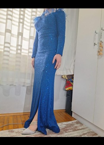 Uzun Kollu Parlak Mavi Abiye Elbise - Görsel 4