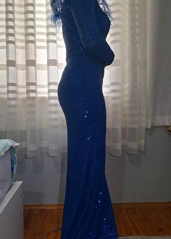 Uzun Kollu Parlak Mavi Abiye Elbise - Görsel 3