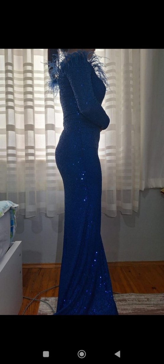 Uzun Kollu Parlak Mavi Abiye Elbise - Görsel 3