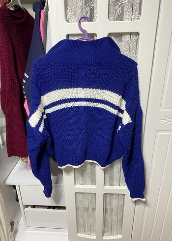 Mavi Yüksek Yakalı Örgü Kadın Kazak - Görsel 3
