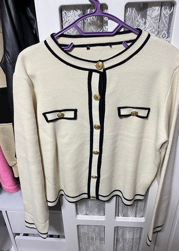 Düğmeli Beyaz Midi Kadın Hırka takım - Görsel 3