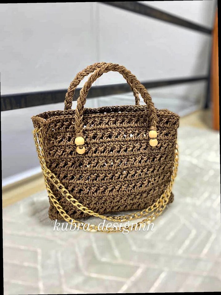 Zincir Detaylı Örgü kağıtip hasır Kadın Çanta - Görsel 2