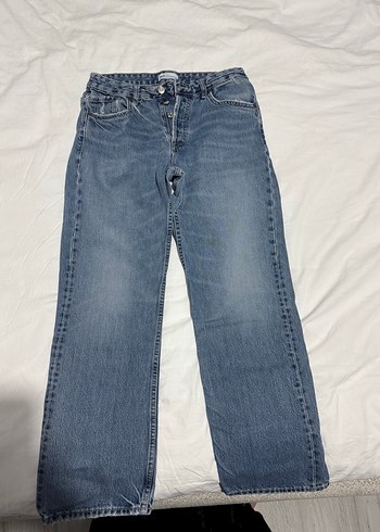 Düğmeli Gri Mavi Kadın Midi Denim Pantolon