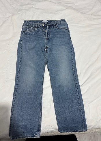 s Beden Düğmeli Gri Mavi Kadın Midi Denim Pantolon
