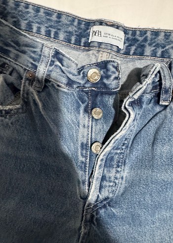 Zara Düğmeli Gri Mavi Kadın Midi Denim Pantolon