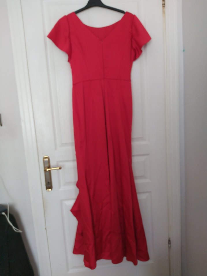 Kırmızı Saten Uzun Kadın Elbise - Görsel 4