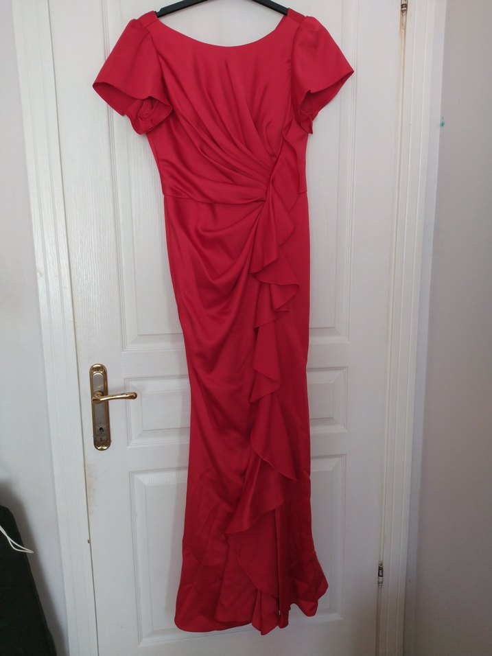 Kırmızı Saten Uzun Kadın Elbise - Görsel 3