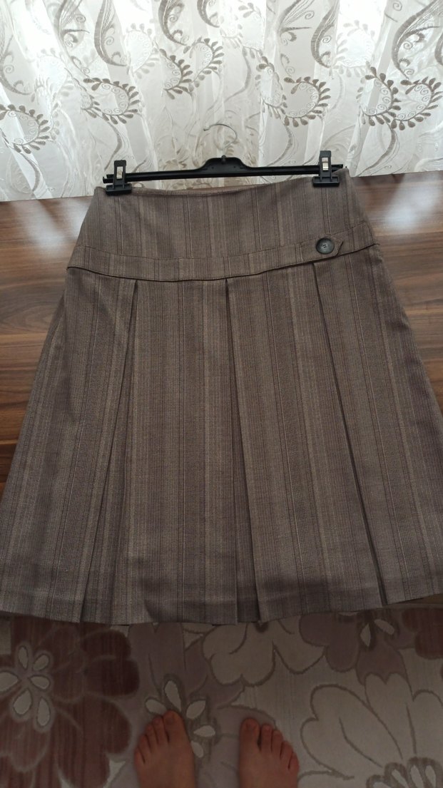 Çizgili kumas Pilili Midi Etek - Görsel 2