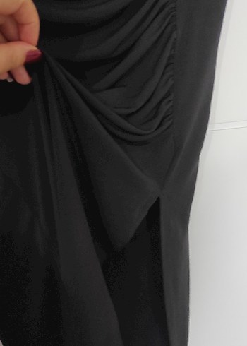 Siyah Drapeli Yırtmaçlı Mini Midi Etek - Görsel 6