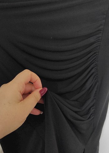 Siyah Drapeli Yırtmaçlı Mini Midi Etek - Görsel 5