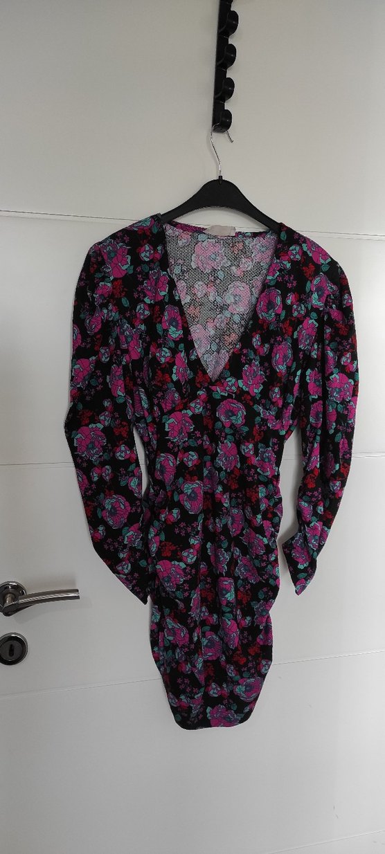 Pembe Çiçekli V Yaka Mini Elbise - Görsel 5