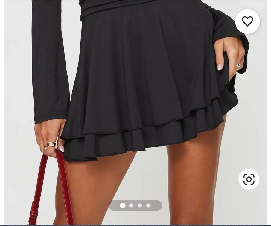 Uzun Kollu, V Yaka, Fırfırlı Mini Siyah Elbise - Görsel 2