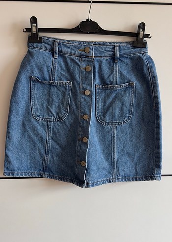 Düğmeli Mavi Denim Mini Etek