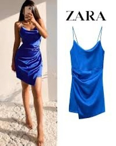 Zara saks mavi saten elbise