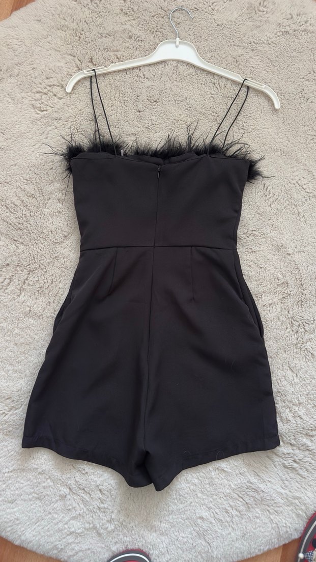 Kürk Detaylı Siyah Mini Tulum - Görsel 3