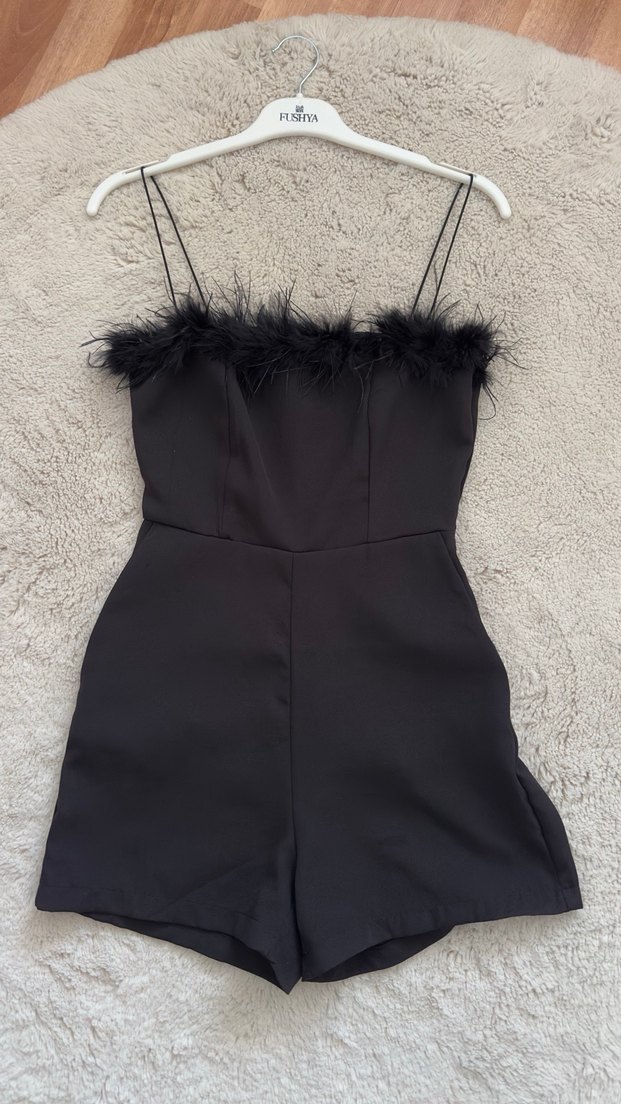 Kürk Detaylı Siyah Mini Tulum - Görsel 2