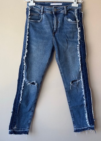 Zara Yırtık Detaylı Çizgili Mavi Kadın Jean