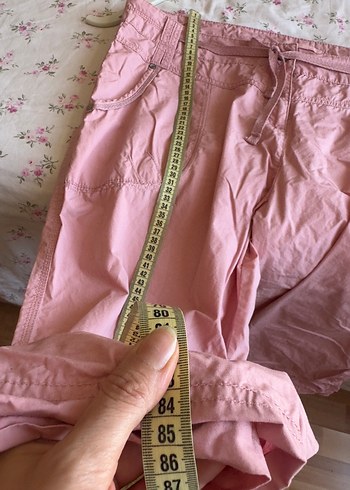50 Beden pembe Renk Pembe Midi Keten Rahat Kesim Kadın Pantolon