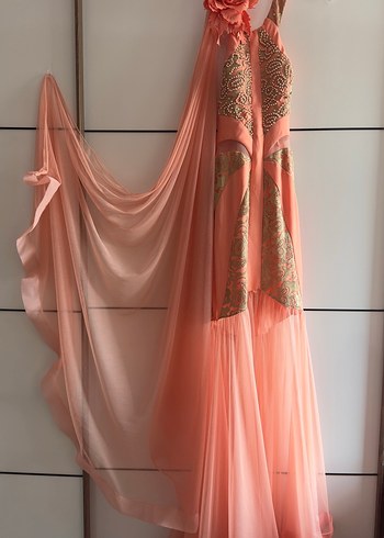 İşlemeli Pudra Pembe Uzun Abiye Elbise - Görsel 4