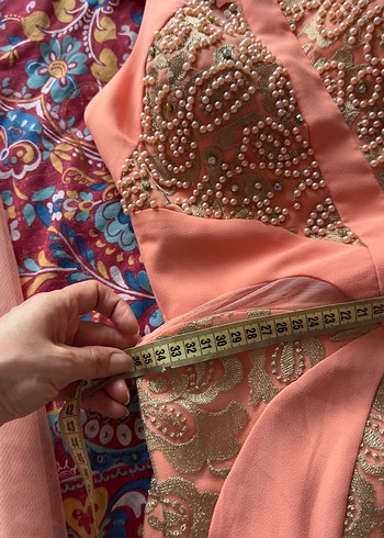 İşlemeli Pudra Pembe Uzun Abiye Elbise - Görsel 5