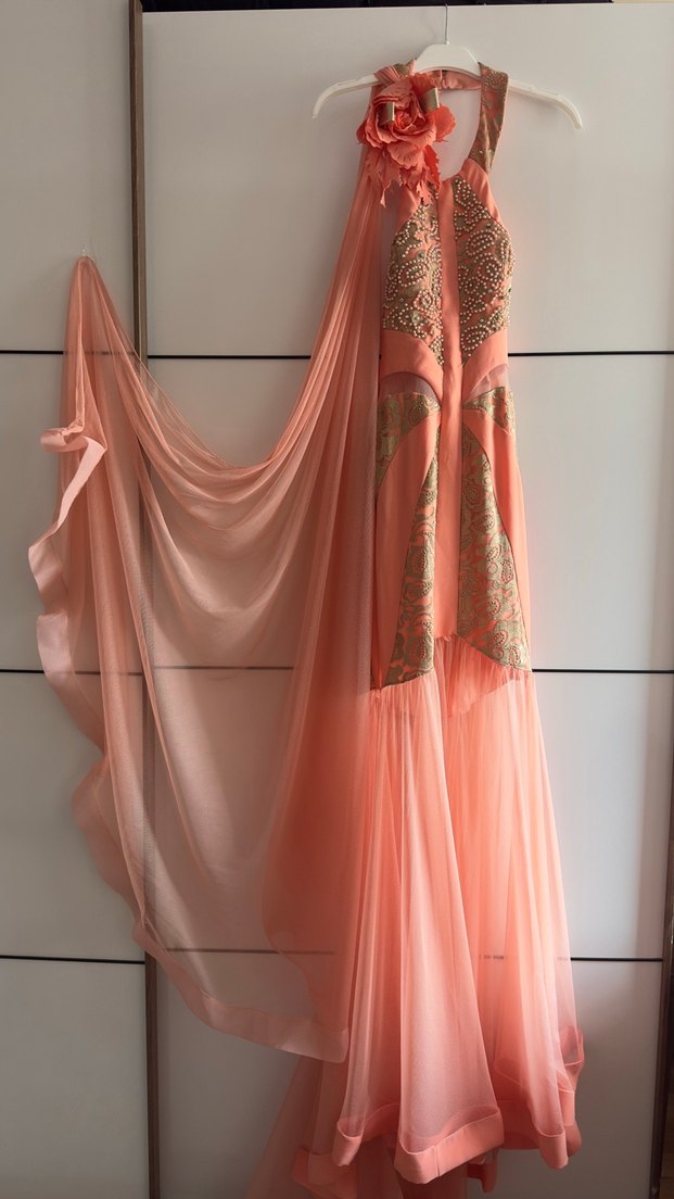 İşlemeli Pudra Pembe Uzun Abiye Elbise - Görsel 4