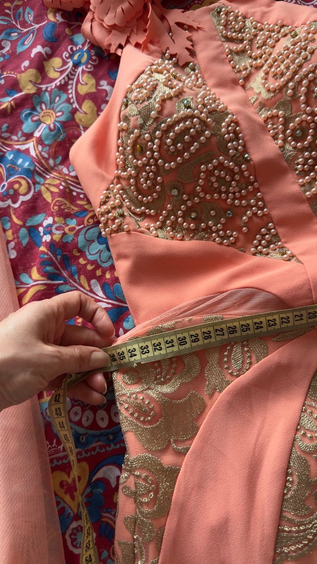 İşlemeli Pudra Pembe Uzun Abiye Elbise - Görsel 5