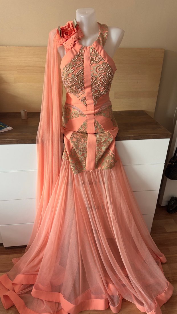 İşlemeli Pudra Pembe Uzun Abiye Elbise - Görsel 2