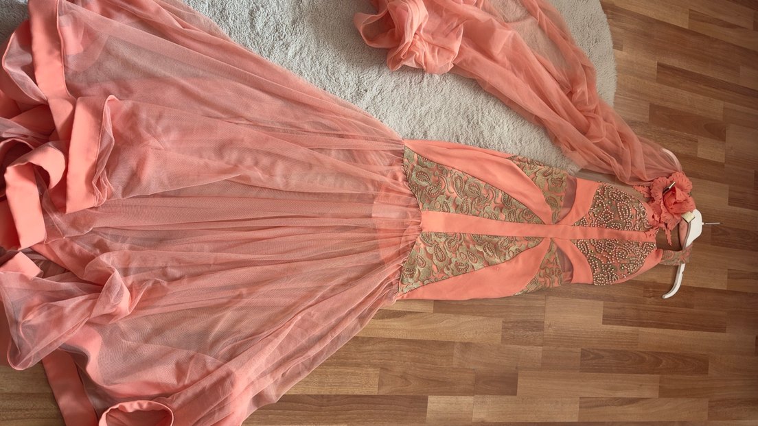 İşlemeli Pudra Pembe Uzun Abiye Elbise - Görsel 3