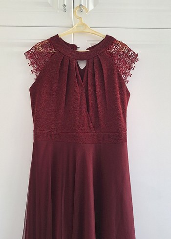 Dantelli Bordo Midi V Yaka Abiye Elbise