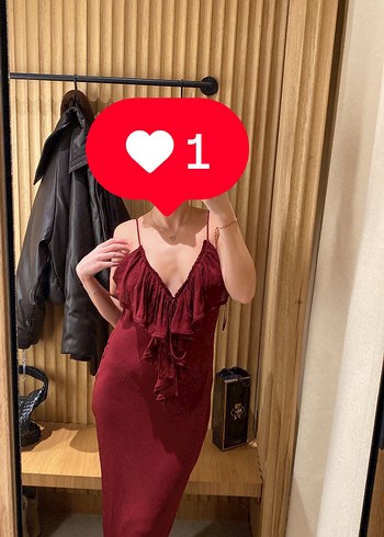 xs Beden Mango Uzun Bordo V Yaka Fırfırlı Elbise