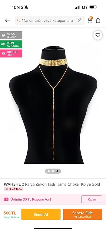 Beden WAHSHE Damla ve İki parçalı Zirkon Taşlı Choker kolye