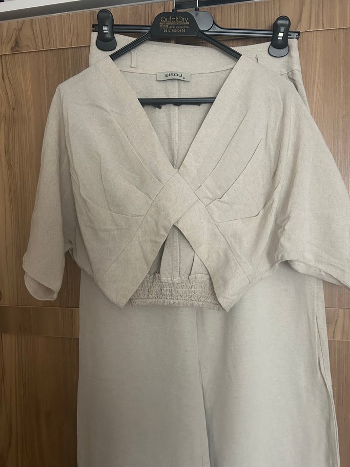 Bej Keten Takım Crop üst - Görsel 3