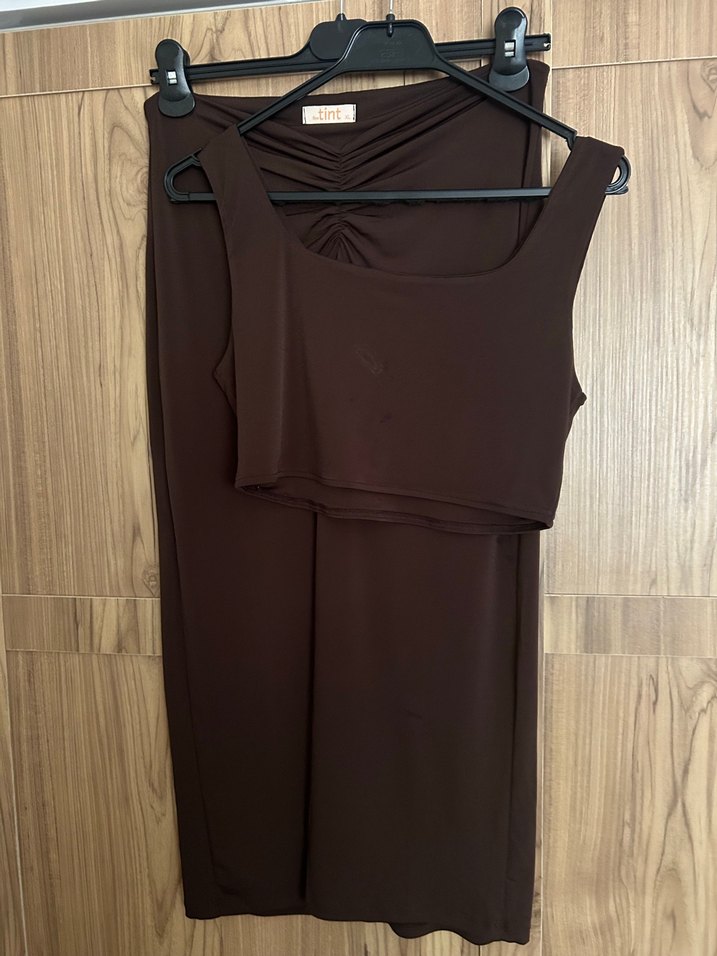 Koyu Kahverengi Midi  Etek üst takım - Görsel 2