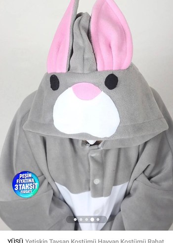 Gri Tavşan Kostümü Pijama Tulum - Görsel 3