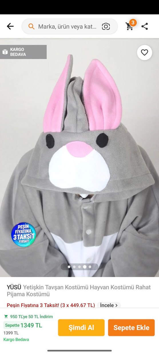 Gri Tavşan Kostümü Pijama Tulum - Görsel 3