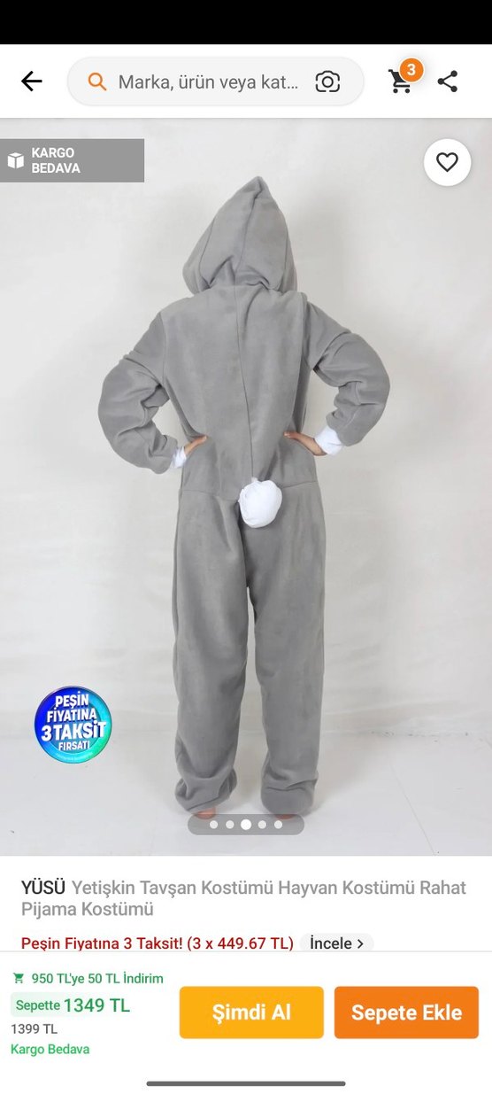 Gri Tavşan Kostümü Pijama Tulum - Görsel 2