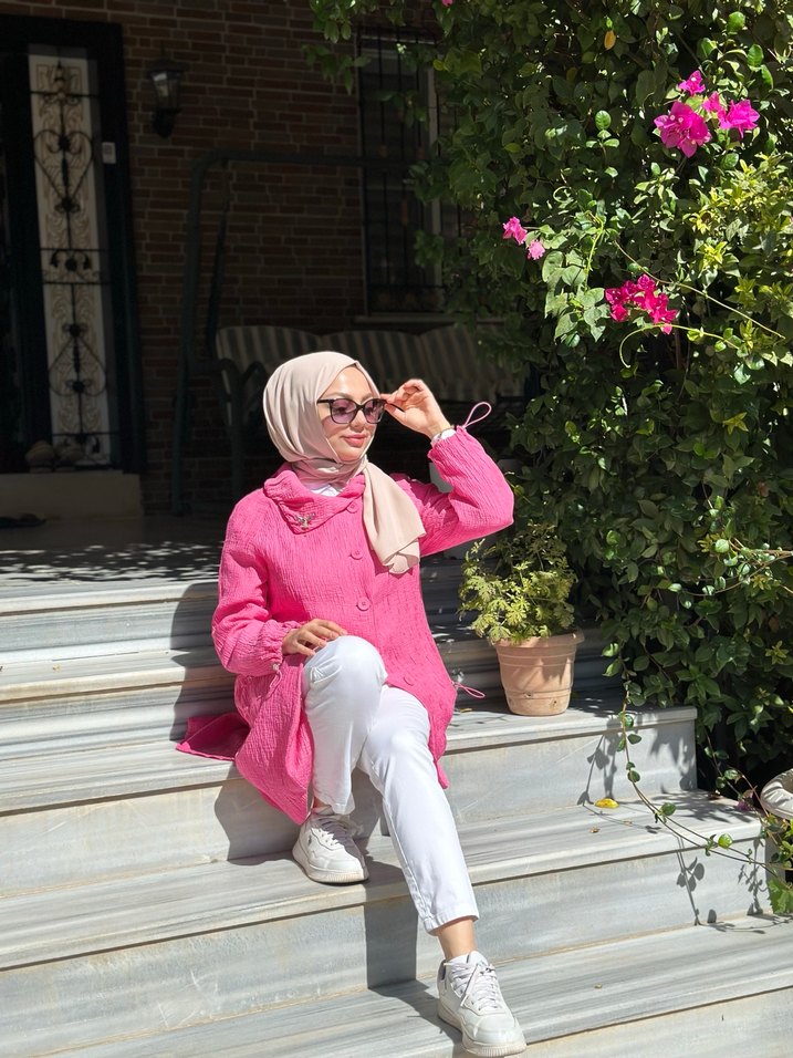 Pembe Uzun Kollu Etnik Desenli Kadın Tunik - Görsel 2