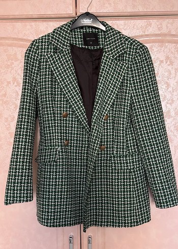 Düğmeli Koyu Yeşil Kareli Kadın Blazer - Görsel 2