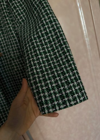 Düğmeli Koyu Yeşil Kareli Kadın Blazer - Görsel 3