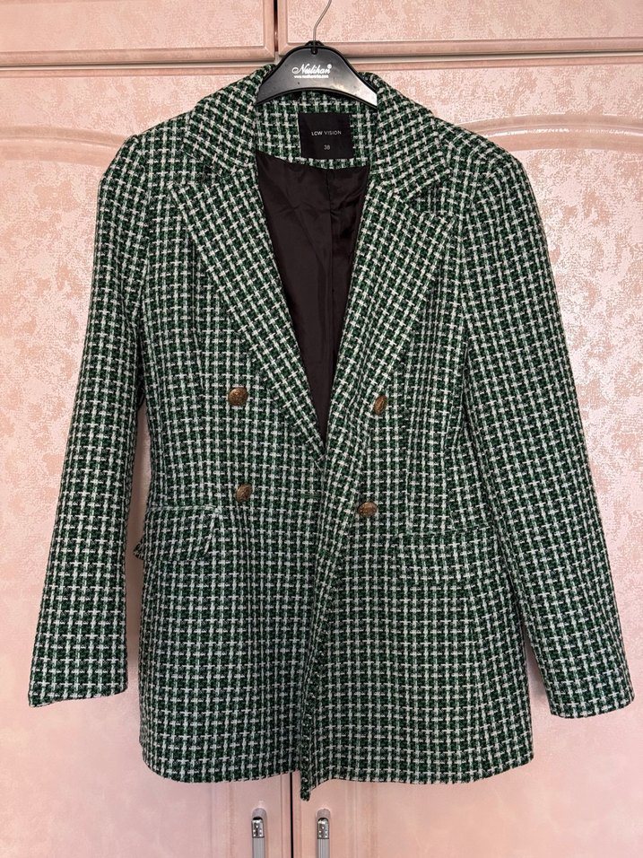 Düğmeli Koyu Yeşil Kareli Kadın Blazer - Görsel 2