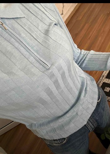 Mavi Yakalı Uzun Kollu Kadın Kazak - Görsel 2