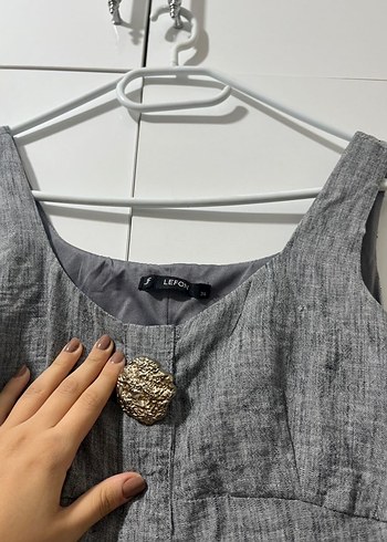 Gri Keten Uzun Elbise Düğmeli - Görsel 2