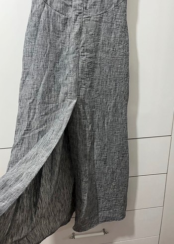 Gri Keten Uzun Elbise Düğmeli - Görsel 3