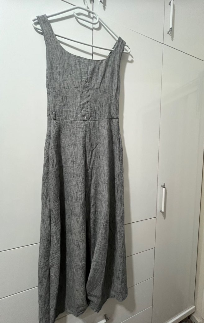 Gri Keten Uzun Elbise Düğmeli - Görsel 4