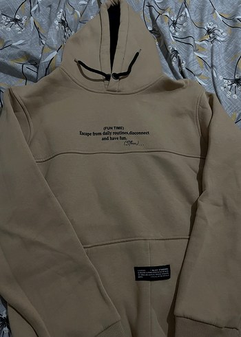 Bej Kapüşonlu Oversize Sweatshirt