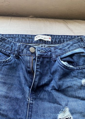 Kadın Mavi Yırtık Detaylı Bol Kesim Midi Kot Pantolon - Görsel 3