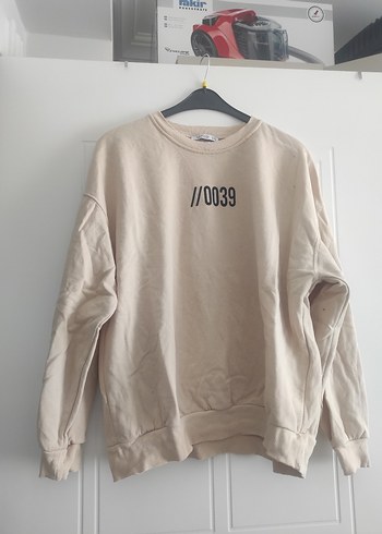 Bej Oversize Sweatshirt Gri Baskılı