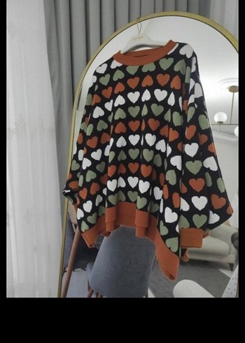 Renkli Kalp Desenli Oversize Triko Kazak - Görsel 2