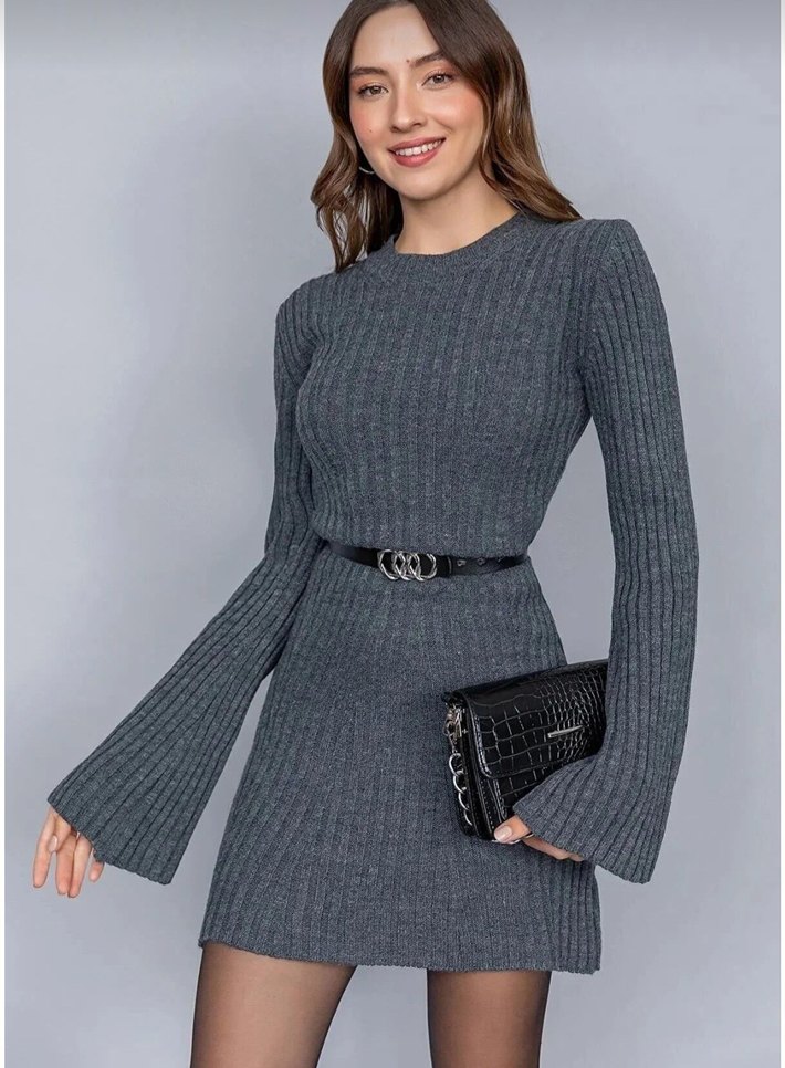 Gri Kadın Triko Elbise - Görsel 2