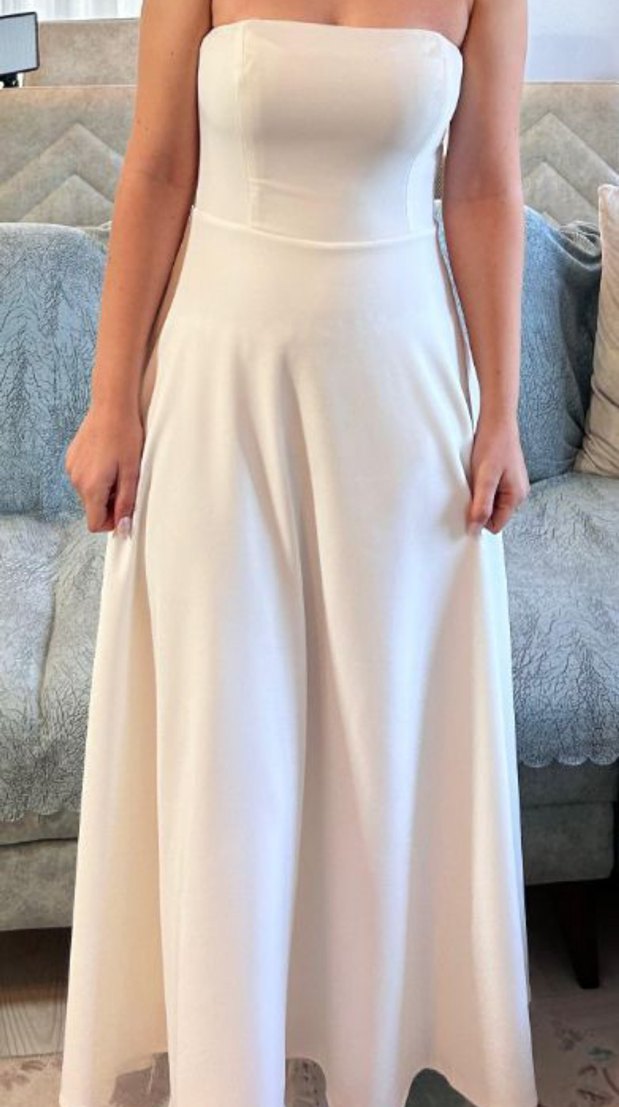 Beyaz Straplez A Kesim Uzun Gelinlik - Görsel 3